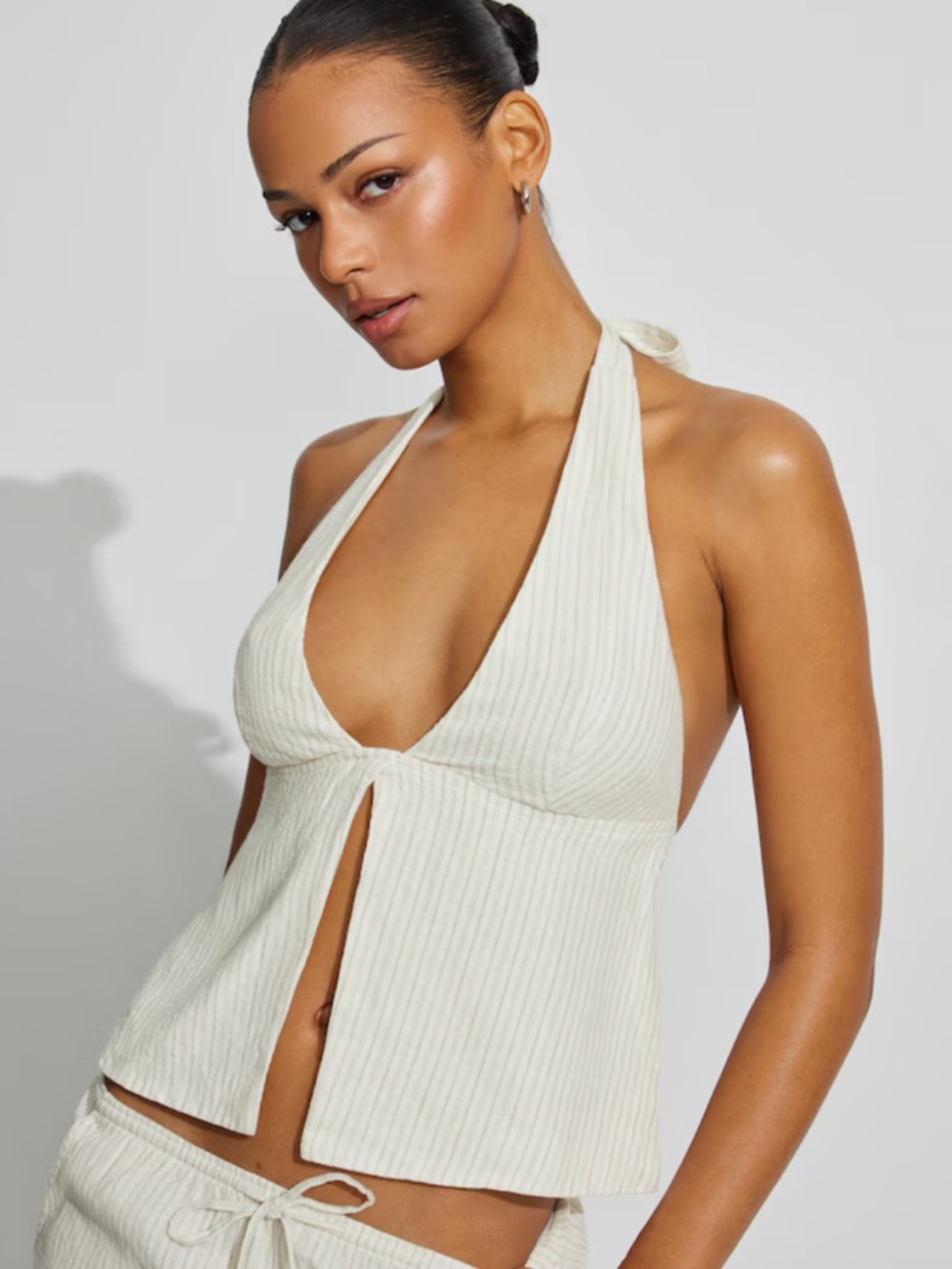 GARAGE Linen Halter Top Beige & Cream Stripe Top Tie Back Women’s Size Small NWT - Picture 2 of 10